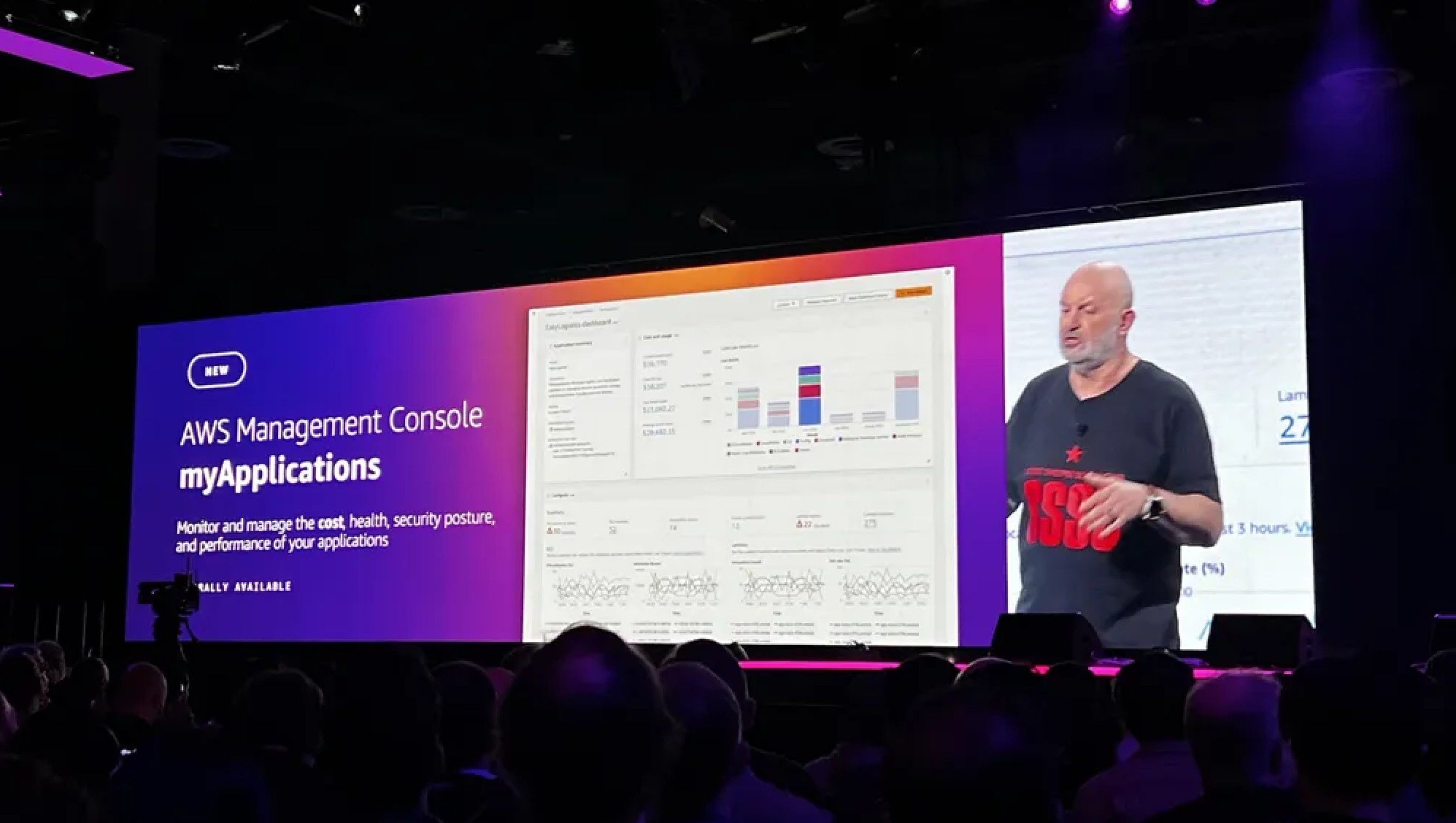 A photograph of the re:Invent keynote. A speaker stands beside a stage-wide screen reading “NEW — AWS Management Console myApplications — Monitor and manage the cost, health, security posture, and performance of your applications — Generally Available”, with a live cost-and-usage dashboard beside the title, over the heads of the audience.