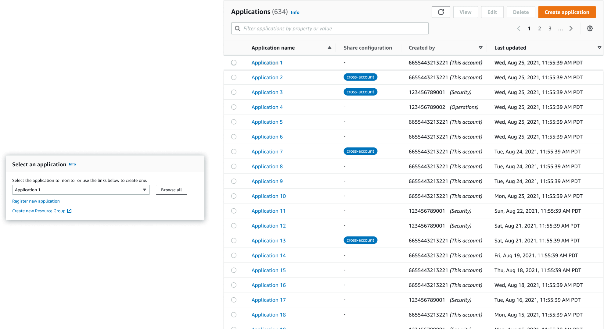 Two versions of the list side by side. On the left, a small Select an application card with a dropdown, a Browse all button and links to register a new application or create a resource group. On the right, a full-page table headed Applications (634) with filter, pagination and settings controls, radio buttons down the first column, and Application name, Share configuration — some rows tagged cross-account — Created by and Last updated columns.
