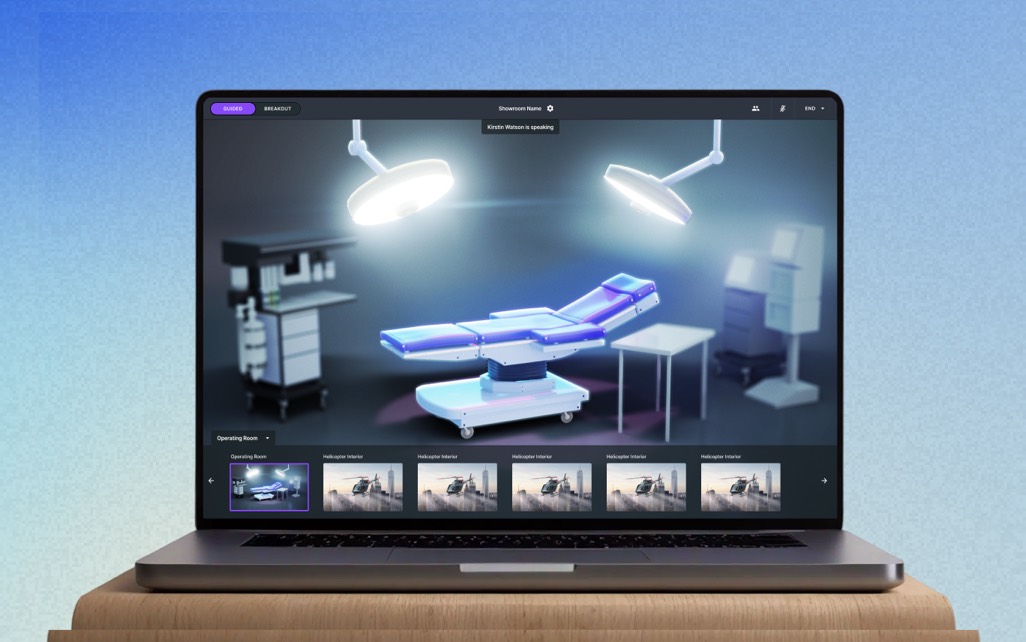 The Showroom guided demo on a laptop, with an operating room scene in the main viewport and product thumbnails along the bottom