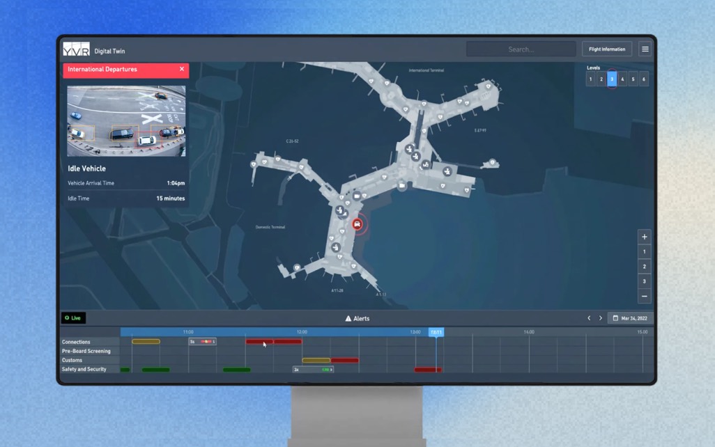 The YVR digital twin dashboard on a monitor, mapping the terminal with live alerts along the bottom