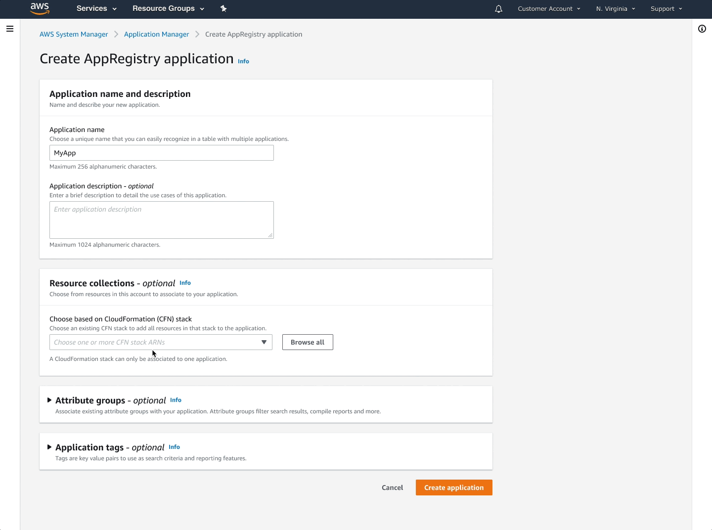 A screen recording of the Create AppRegistry application form inside Application Manager: an Application name and description panel, a Resource collections panel offering a CloudFormation stack picker with a Browse all button, and collapsed Attribute groups and Application tags panels, with Cancel and Create application at the foot.